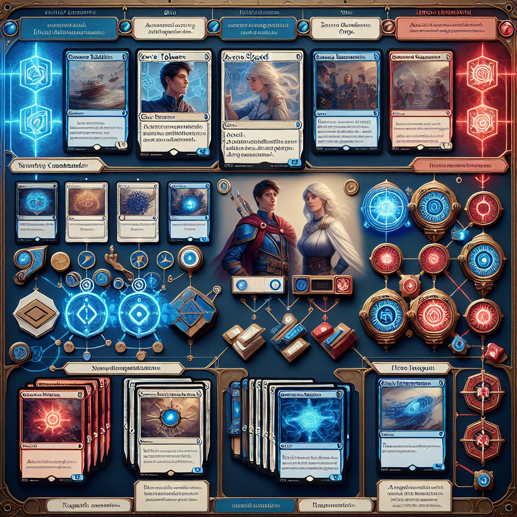 A deck-building strategy visualization, displaying a variety of artifact cards like Servo Tokens, Arcane Signet, Heroic Intervention, and illustrating synergy with blue, red, and white mana symbols and popular commanders like Saheeli and Arcum Dagsson.