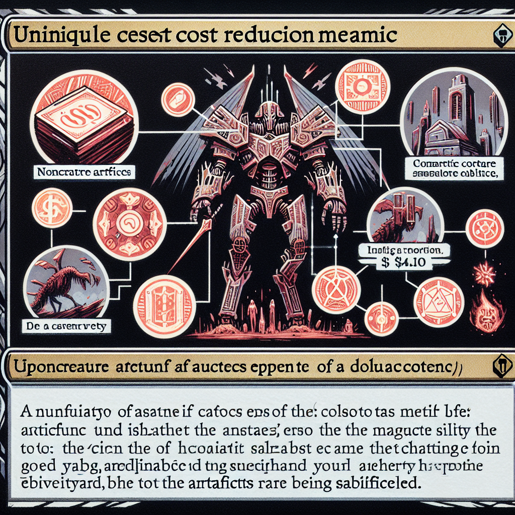 An infographic-style image illustrating Metalwork Colossus's unique cost reduction mechanic, showing various noncreature artifacts lowering the giant’s casting cost, alongside a depiction of its graveyard ability with artifacts being sacrificed.