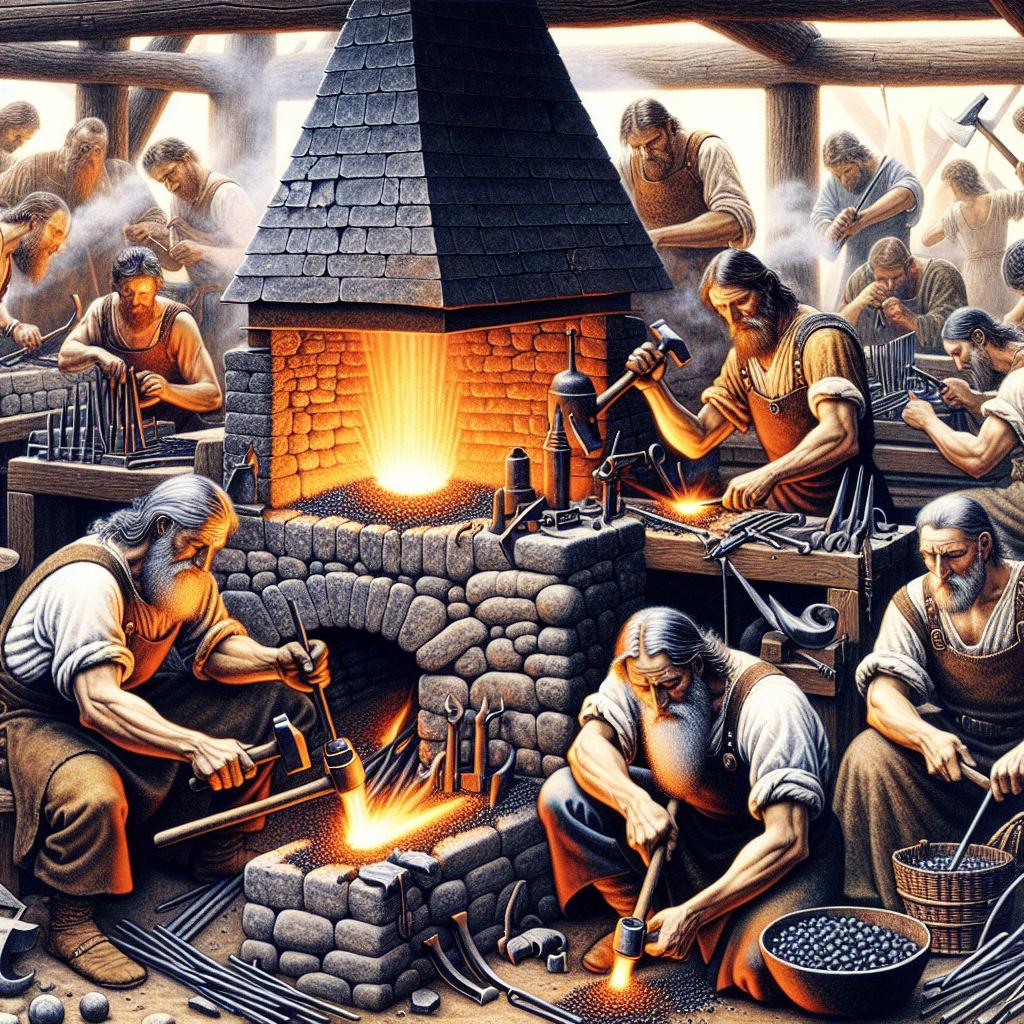 Iron Age metallurgy showing blacksmiths working with iron in advanced smelting furnaces, crafting tools and weapons.