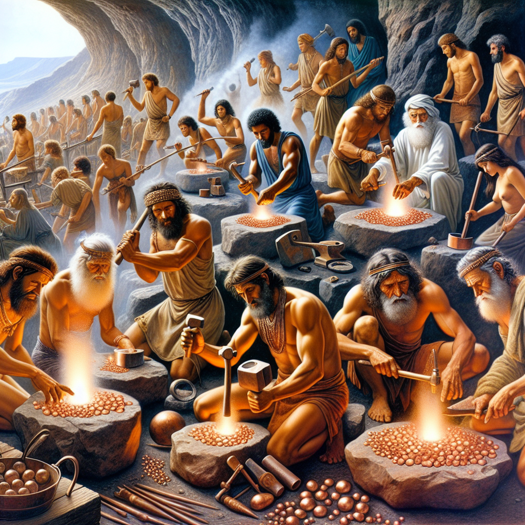 Early metalworking scene depicting ancient humans striking copper rocks, and bronze tools and weapons from the Bronze Age.