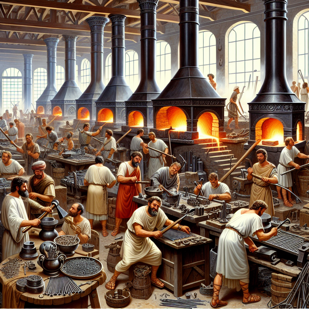 Roman metalworking workshop with bellows-driven blast furnaces, mass production of metal goods like nails, hinges, and pipes.
