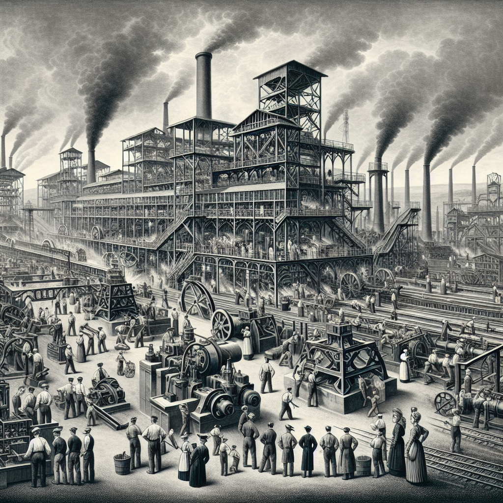 19th-century steel factory illustrating the Bessemer process, large-scale steel production, and the building of railways and bridges.
