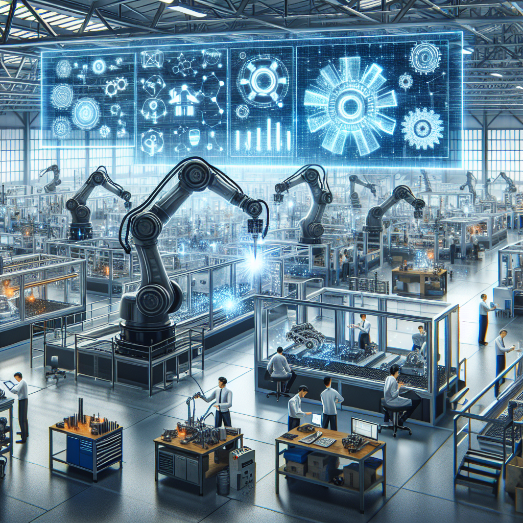 A futuristic metalworking factory in 2025 featuring robotic arms, CNC machines with digital interfaces, 3D metal printing, and green energy elements representing sustainability and Industry 4.0.