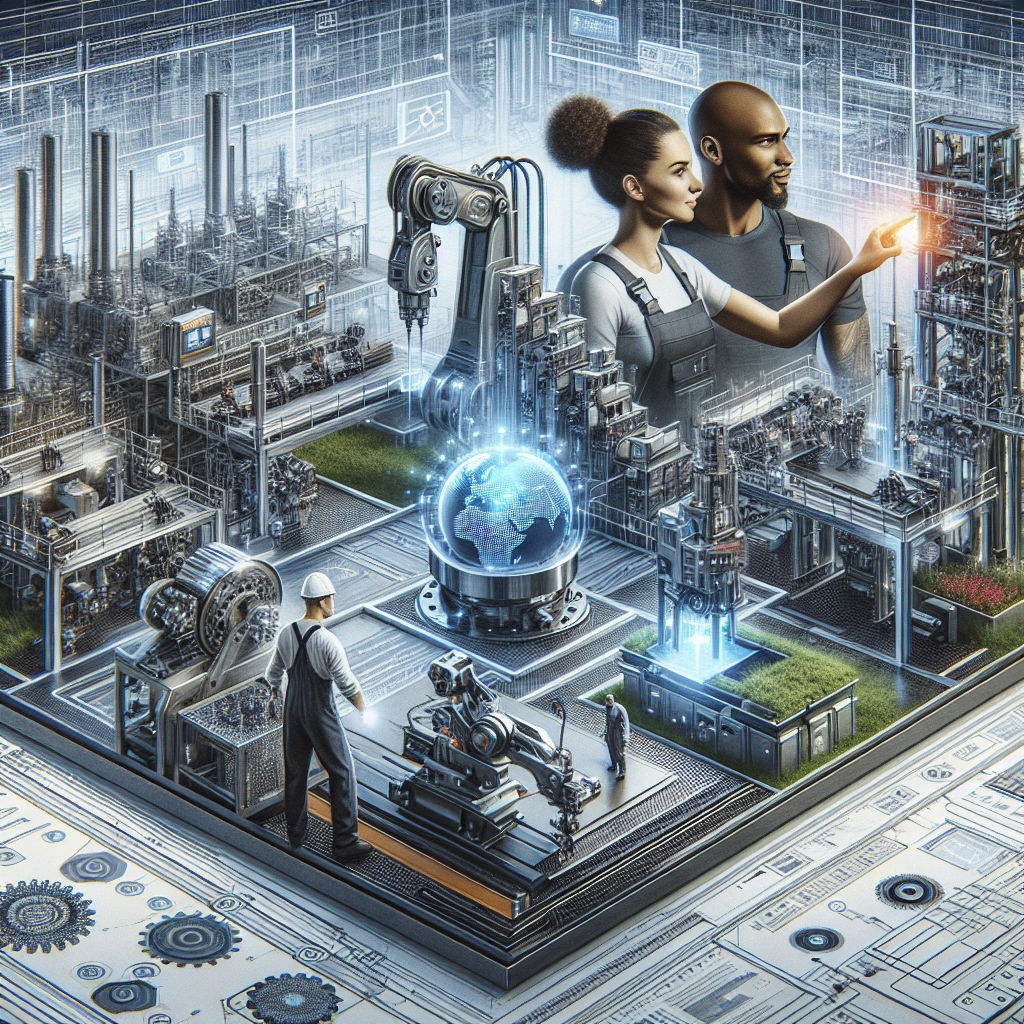 A conceptual image depicting challenges and future innovations in metalworking, showing skilled machinists working with AI-driven hybrid manufacturing machines in a sustainable, smart factory environment.