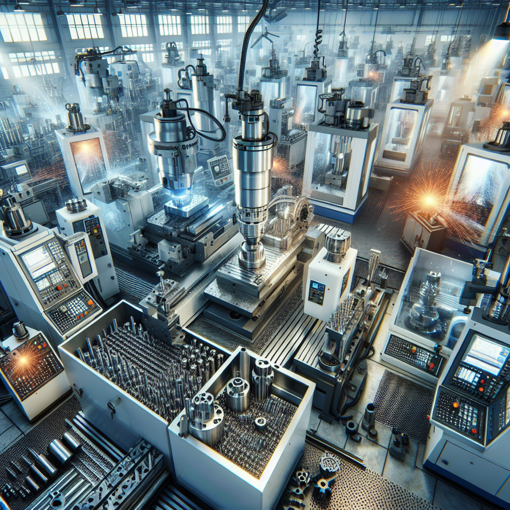 A high-tech machining workshop showing advanced milling, turning, drilling, grinding machines, and EDM equipment in action, illustrating precision metal shaping.