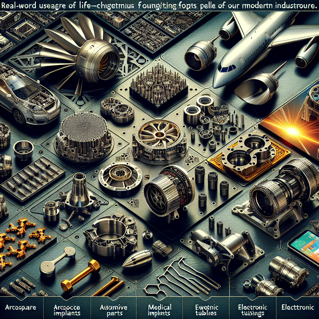 Collage of real-world applications of machined metal parts including aerospace jet components, automotive engine parts, medical implants, energy turbines, and electronic device housings.