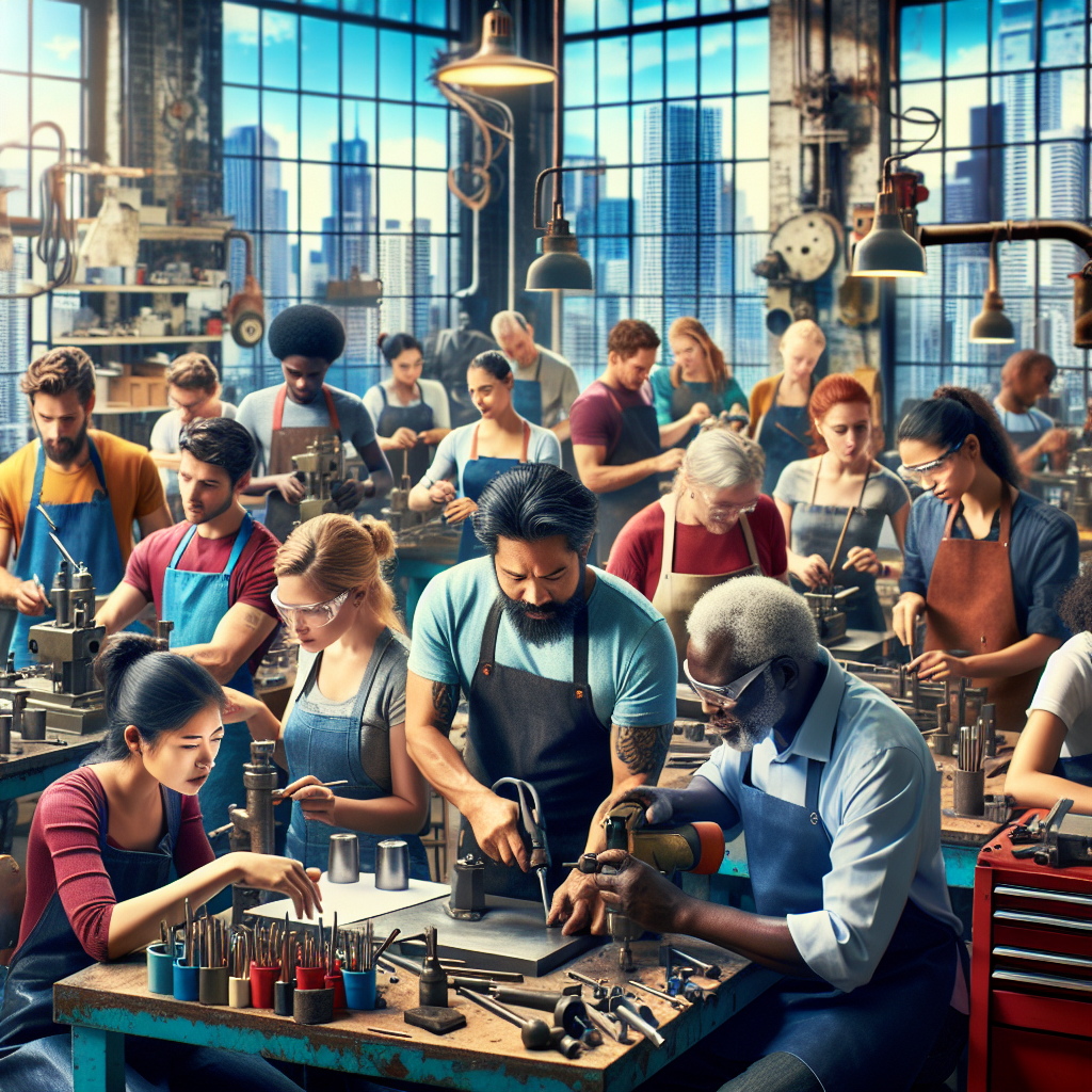 A vibrant image of a metalworking classroom or workshop in Chicago, with students actively engaging in crafting metal pieces under an instructor's guidance, surrounded by tools and safety gear.