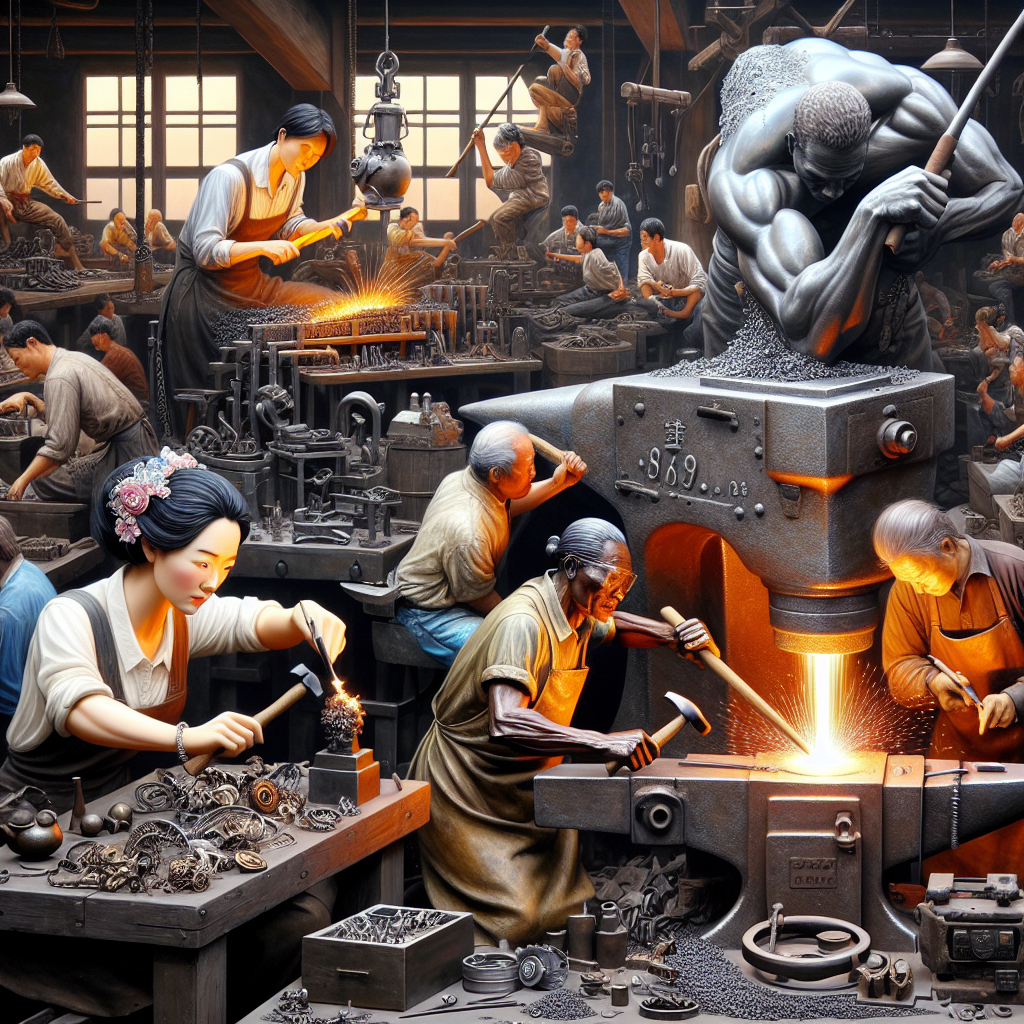 A collage or scene of various metalworking techniques such as soldering jewelry, forging metal on an anvil, casting molten metal into molds, and welding with protective gear.