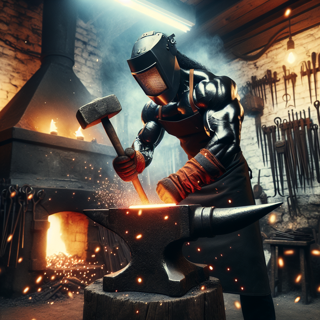 An inspiring image of a metalworker wielding a hammer over glowing hot metal in a forge, showcasing the sparks flying and the intensity of the craft.