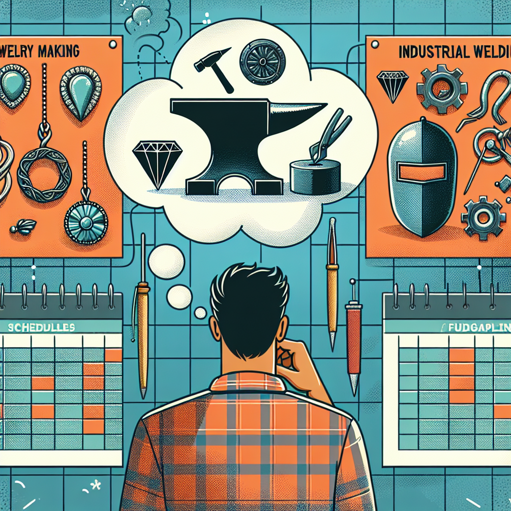 An illustrative graphic showing someone choosing between different metalworking class types (jewelry making, blacksmithing, industrial welding) highlighted with icons representing each specialty, alongside a calendar and budget symbol.