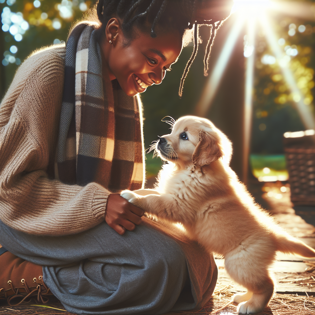 An adorable puppy or kitten meeting its owner, showcasing personality and cuteness.