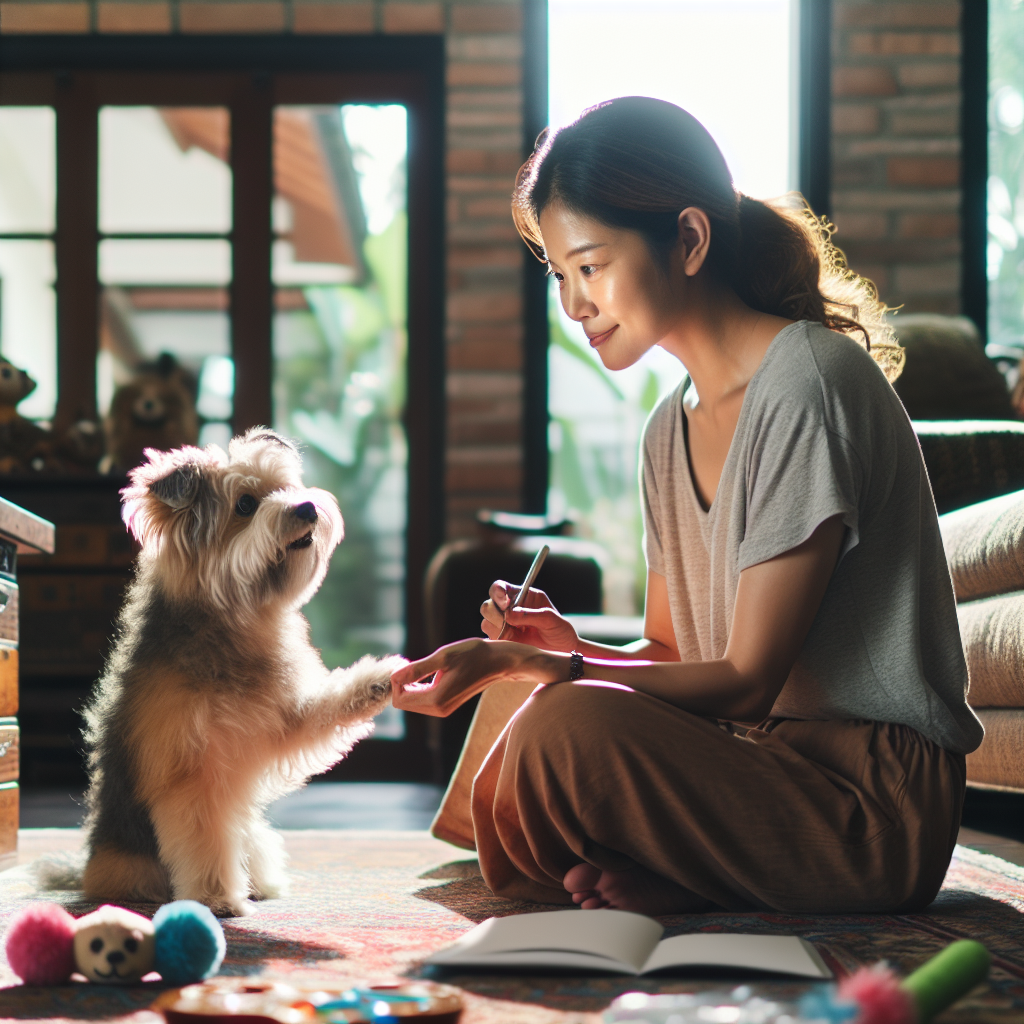 A pet owner testing different short, snappy names with their pet, demonstrating playful interaction.