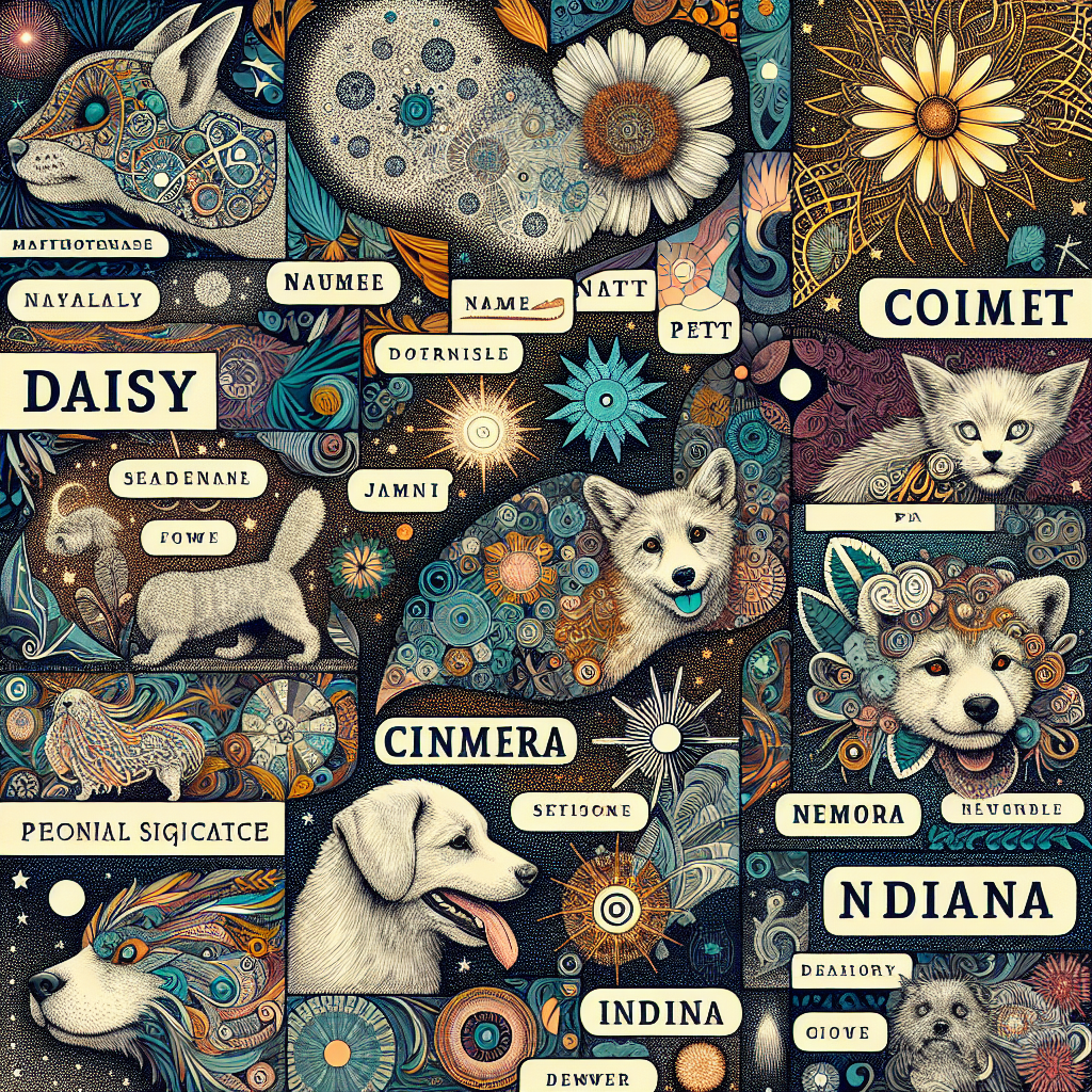 A creative collage of unique pet names inspired by nature, celestial themes, pop culture, and personal significance.