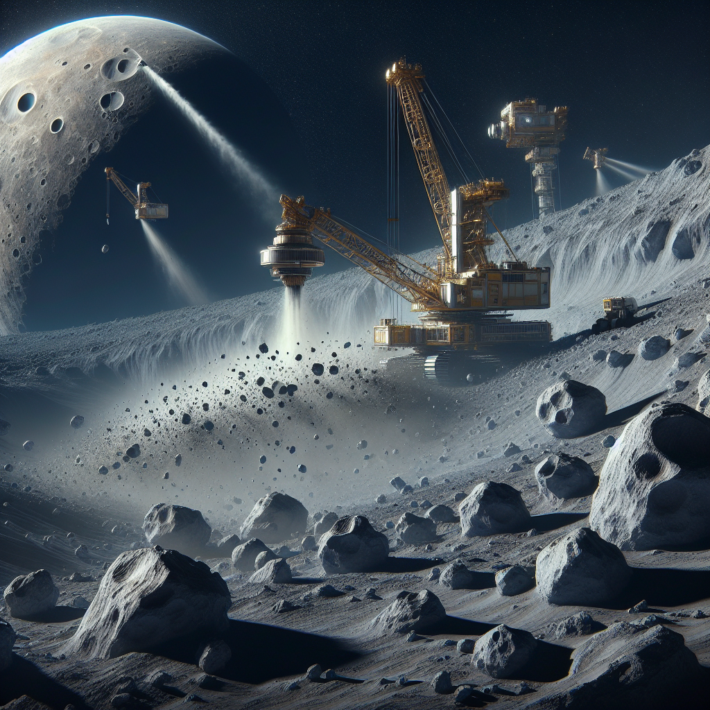 A conceptual image of space mining on an asteroid or planetary surface