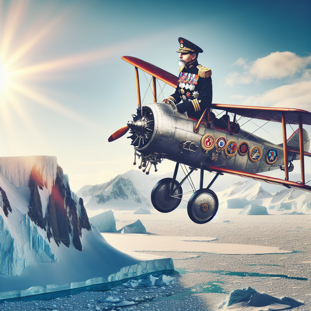 Admiral Byrd in exploration gear flying over icy landscape