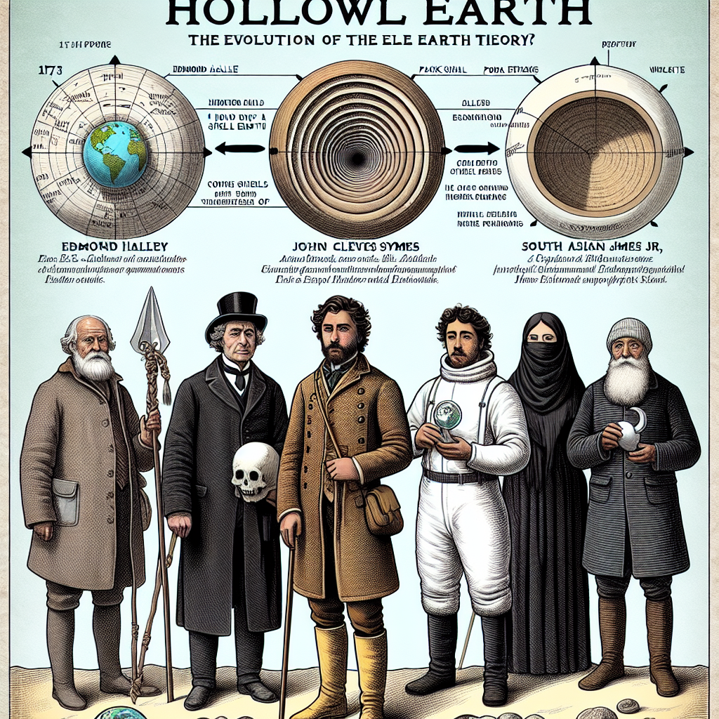 Historical timeline illustration of hollow Earth theory including explorers and scientists