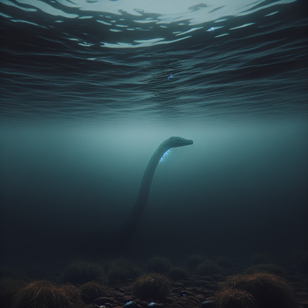 An underwater scene of Loch Ness with a long-necked creature peeking out of the Scottish loch mist.
