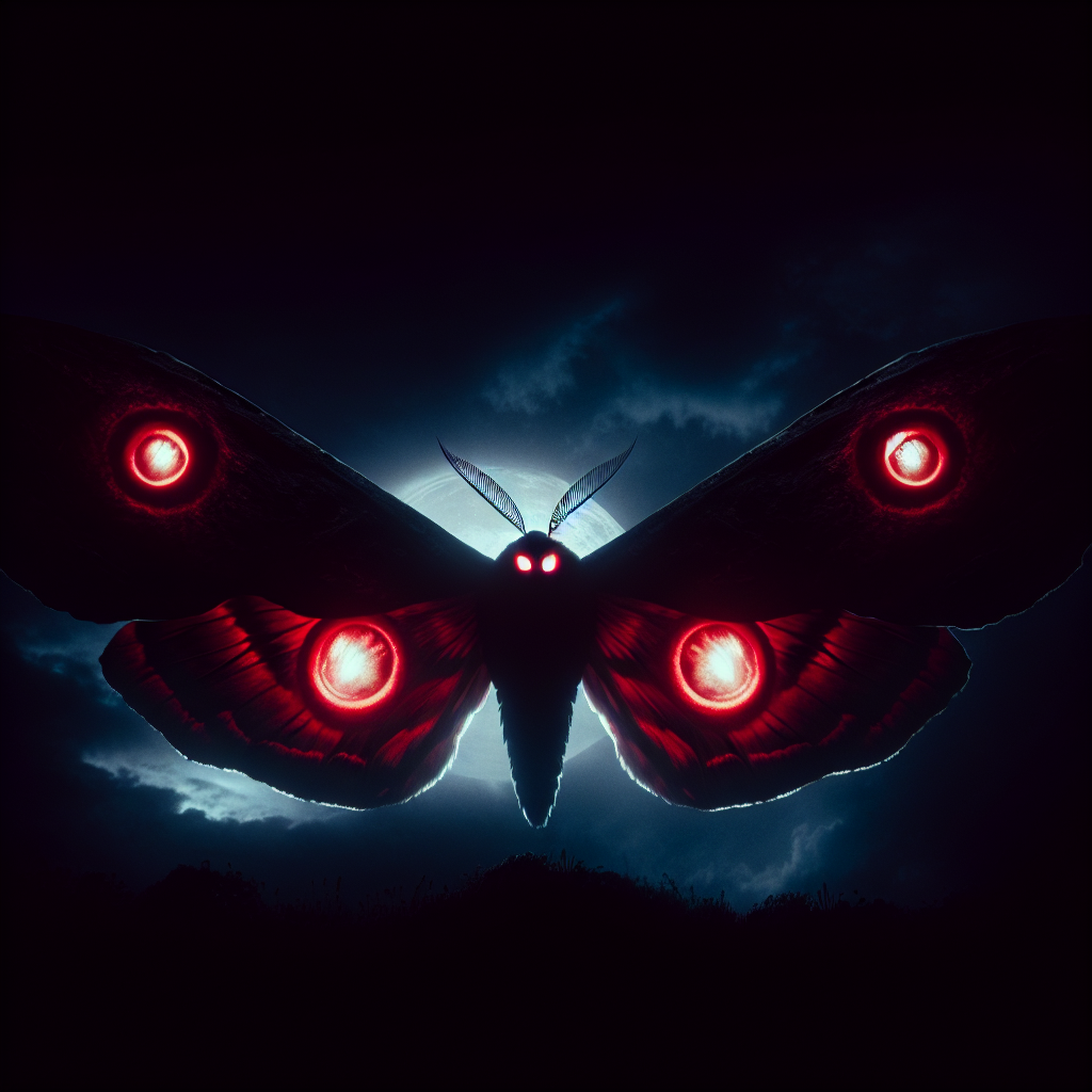 A dark night sky with glowing red eyes and large wings spreading, evoking the figure of Mothman.