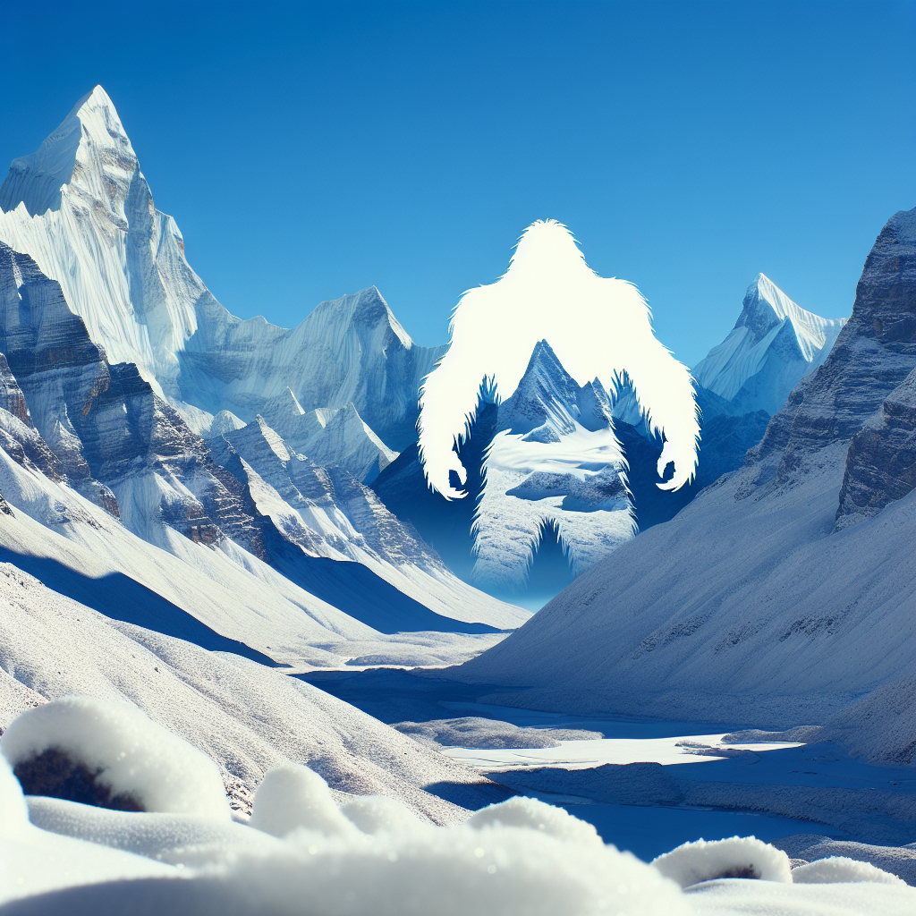A snowy Himalayan landscape with a massive, white-furred Yeti silhouette amidst the snow-covered peaks.
