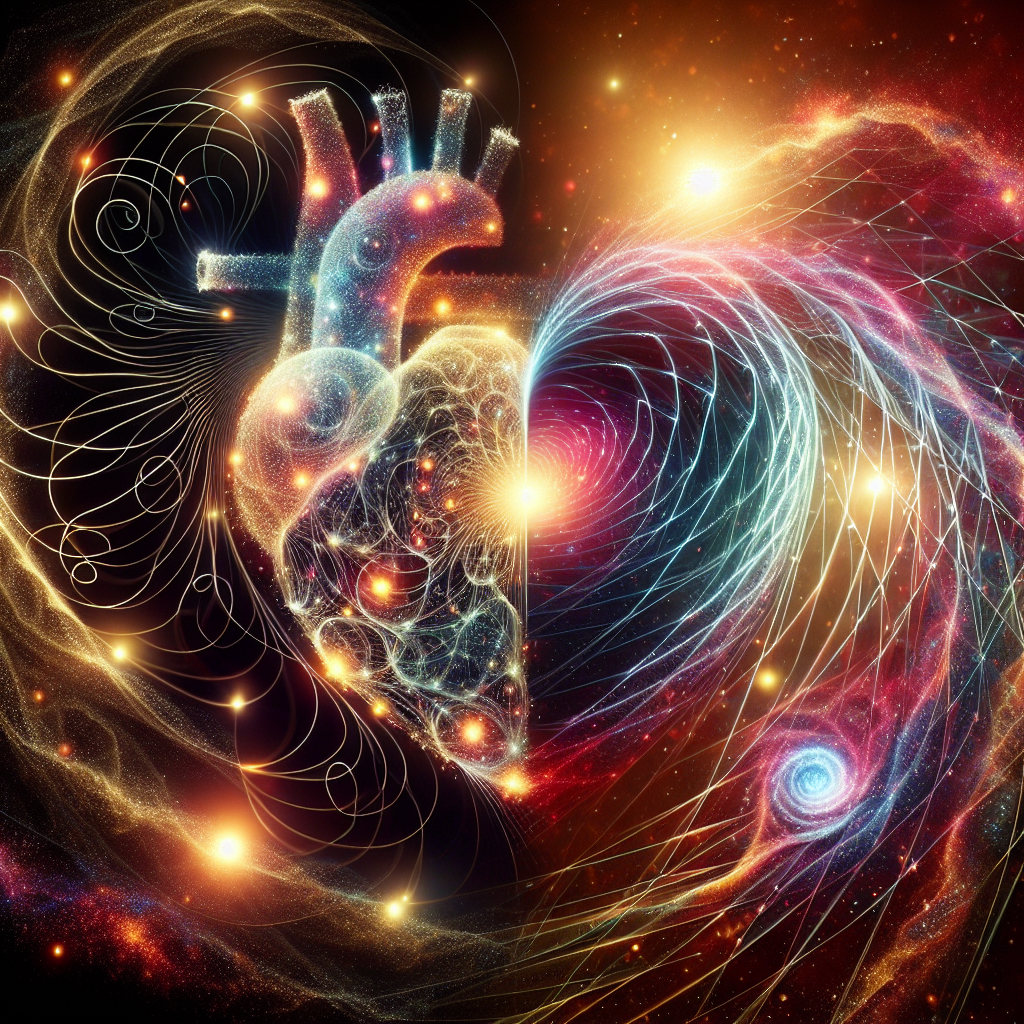 An abstract, poetic image blending science and spirituality—such as a heart made of swirling quantum particles or a universe woven with luminous strings