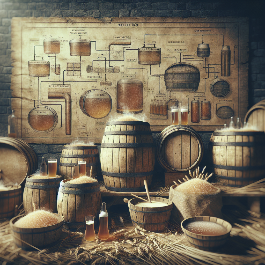 An old-fashioned cider fermenting in unrefined barrels, with wild yeasts and cloudy cider, showcasing the rustic brewing process.
