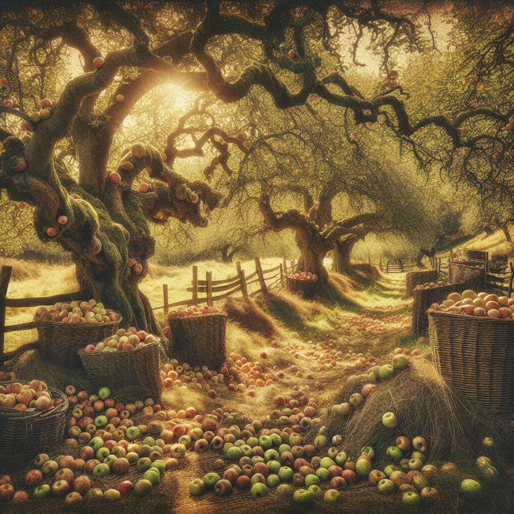 Ancient Britons gathering fallen apples around a fire, with fermenting cider in clay jars, depicting the roots of scrumpy.