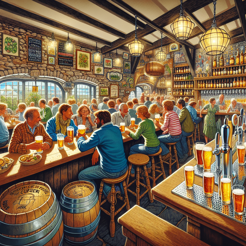 A vibrant modern craft cider taproom or a traditional pub in Somerset serving cloudy scrumpy, highlighting its cultural revival.