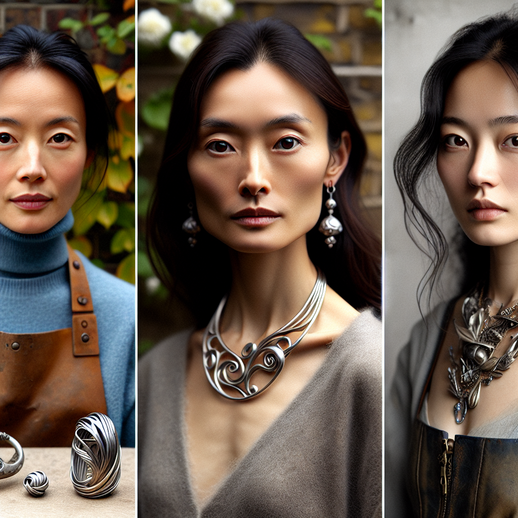 Portrait-style images of featured London metal artists like Youyang Zhao, Megumi Ohata, and Sitong Chen alongside examples of their delicate and wearable metal artworks.
