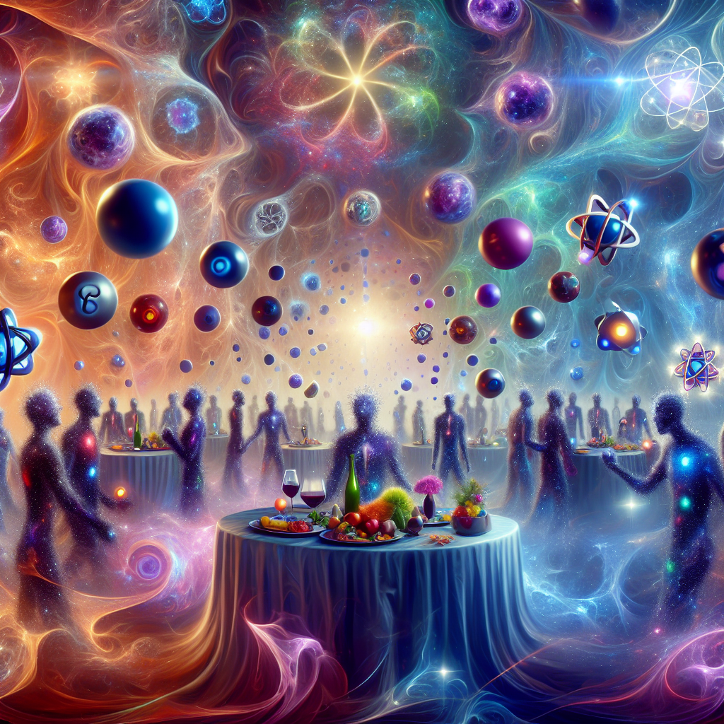 A vibrant cosmic buffet scene illustrating matter and antimatter particles with protons, electrons, positrons, and antiprotons, set against a background of swirling energy and gamma rays.