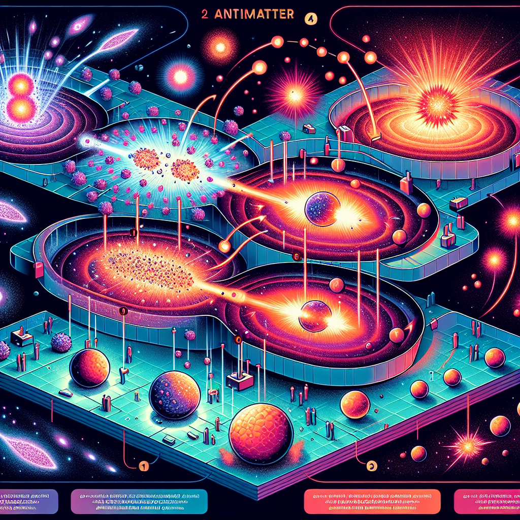 An infographic-style depiction of matter and antimatter pairs being born in high-energy cosmic events, showing particles and antiparticles forming simultaneously, with collision visuals leading to annihilation.
