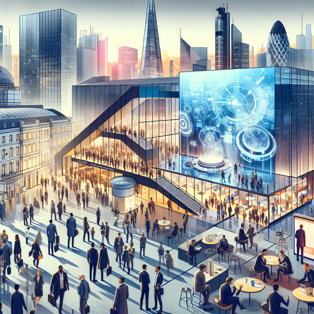 Modern scene of London's contemporary science institutions like LSE or a bustling science expo