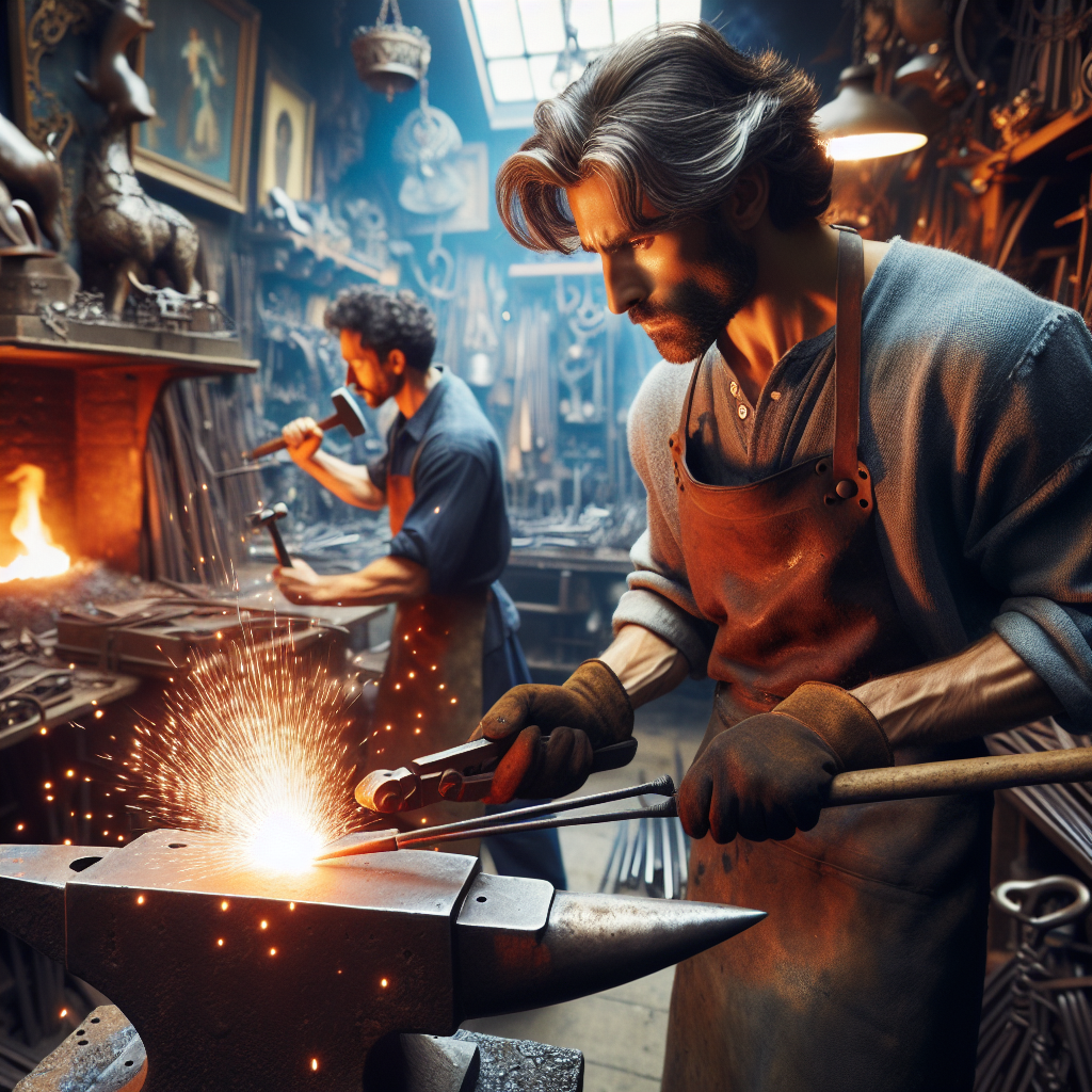 A blacksmith workshop in London with artisans working on artistic metal sculptures, showing welding and forging in action.