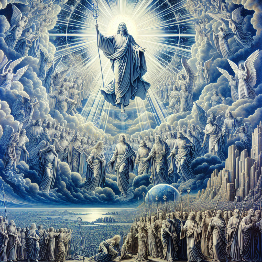 A grand celestial wedding feast, featuring a shimmering bride and groom (representing Christ and the church), surrounded by joyful guests and symbolic linen garments.